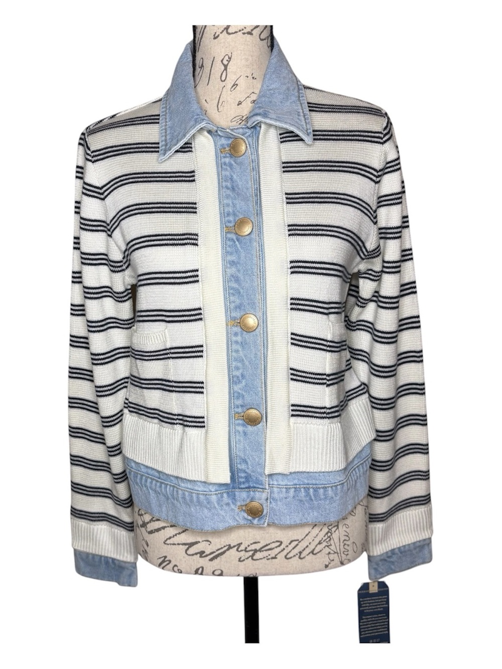 Democracy Striped Knit Jacket with Light Blue Denim Trim